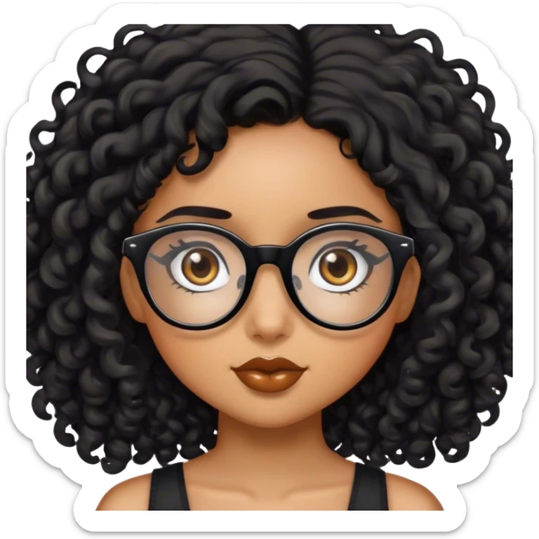 caramel skinned girl with 3b black curly hair and black glasses with dark brown eyes sticker