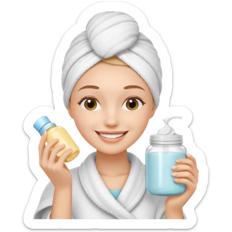 girl applying skincare, smiling face, towel on head, cream jar sticker