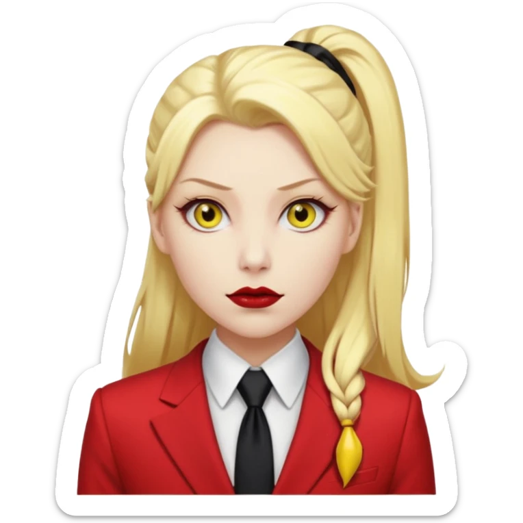 Woman with porcelain white skin, thick blonde hair that's in a thick, long ponytail, has a black nose, yellow scleras, red pupils, and a red suit with a black tie. Demon sticker