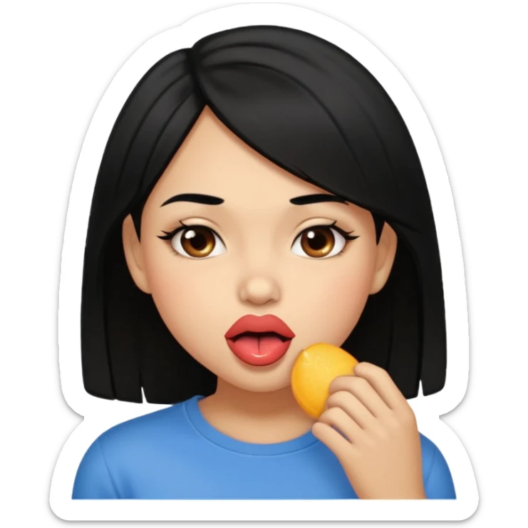 Brown light skin girl straight black hair biting her down lips and blushing sticker