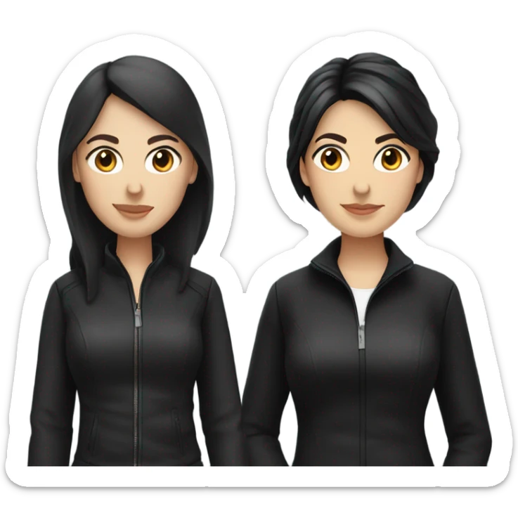 two caucassian woman with black jackets. One has black hair the other one has brown hair and is slightly shorter then the woman with black hair sticker