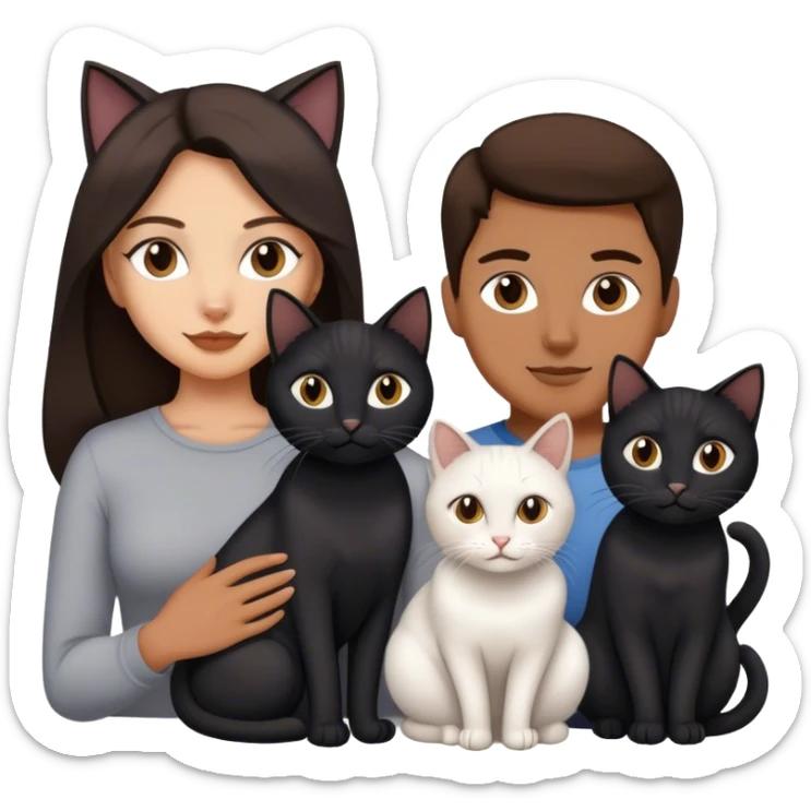 white brunette woman and a man with four cat, one is black one is full white the other two is full gray cats sticker