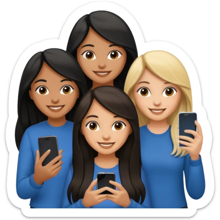 3 brown girl friends with a phone on their hand, one with black long hair, one with brown hair long and the other one with black and blonde hair,  sticker