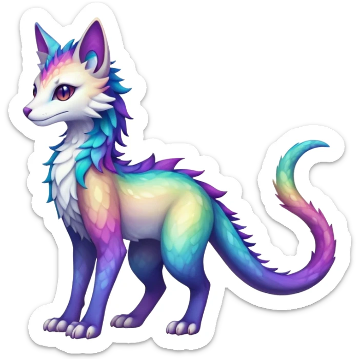 Kawaii dark rainbow iridescent fantasy ethereal feline-vernid-sergal-fursona animal creature with a tufted tail full body with intricate markings sticker