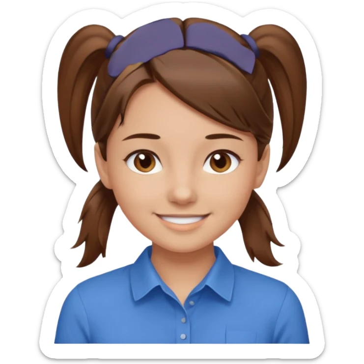 brown hair in a low pony tail with brown eyes girl blue shirt sticker