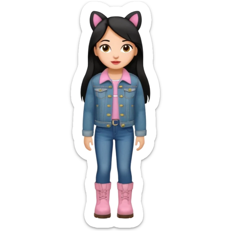 Gordita, ojos pequeños de color cafe oscuro, labios pequeños y rosados, piel trigueña, orejas pequeñas, cabello largo lazio y negro, pequeña. cuerpo completo. vestida con saco de lana jean y botas color café. No le pongas orejas sticker