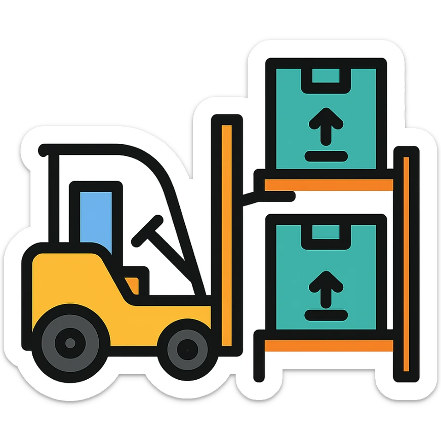 color icon style of a forklift moving a box to a storage area, vibrant colors, clear shapes sticker