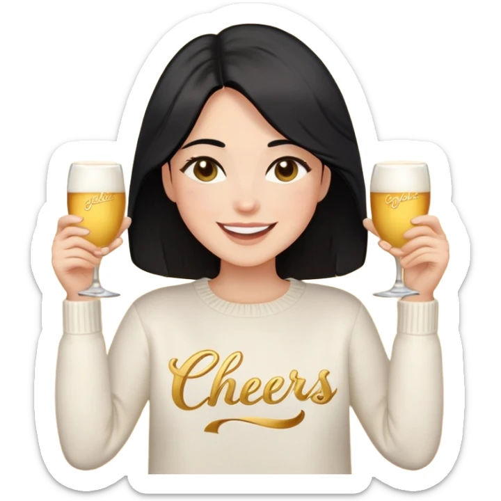 A woman with longer black hair, light to medium skin tone, full cheeks, and almond-shaped eyes, wearing a simple white sweater with the word 'cheers' in gold script, joyful and radiant expression, cheerful, emoji style, just her torso, no hands, no cups, no drinks. sticker