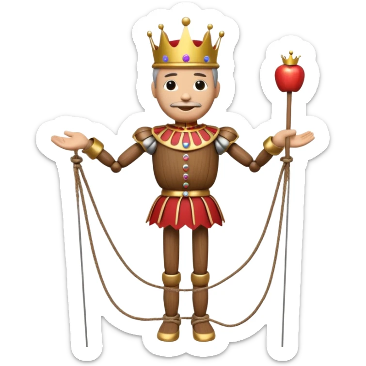 3D render of Puppet King as a wooden marionette puppet, Wooden crown, strings attached to hands, silver metal screw joints at elbows and knees, polished brown wood texture, rigid toy pose, Apple emoji style, isolated on white background --v 6.0. sticker