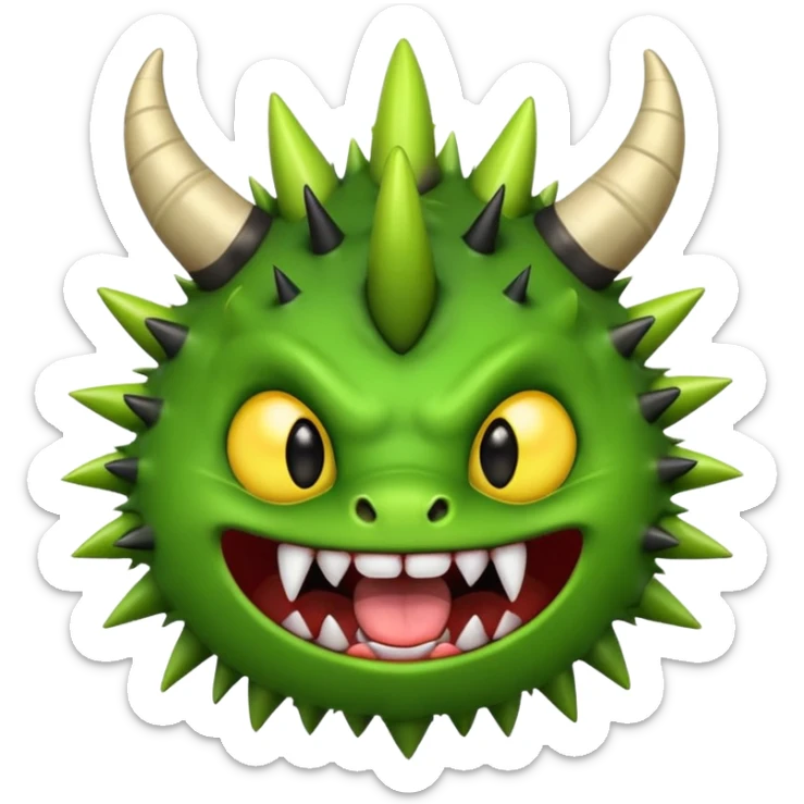 A green monster with two small black horns, spiky fur, big round yellow eyes, and a wide grin showing sharp teeth with its tongue playfully sticking out.  sticker