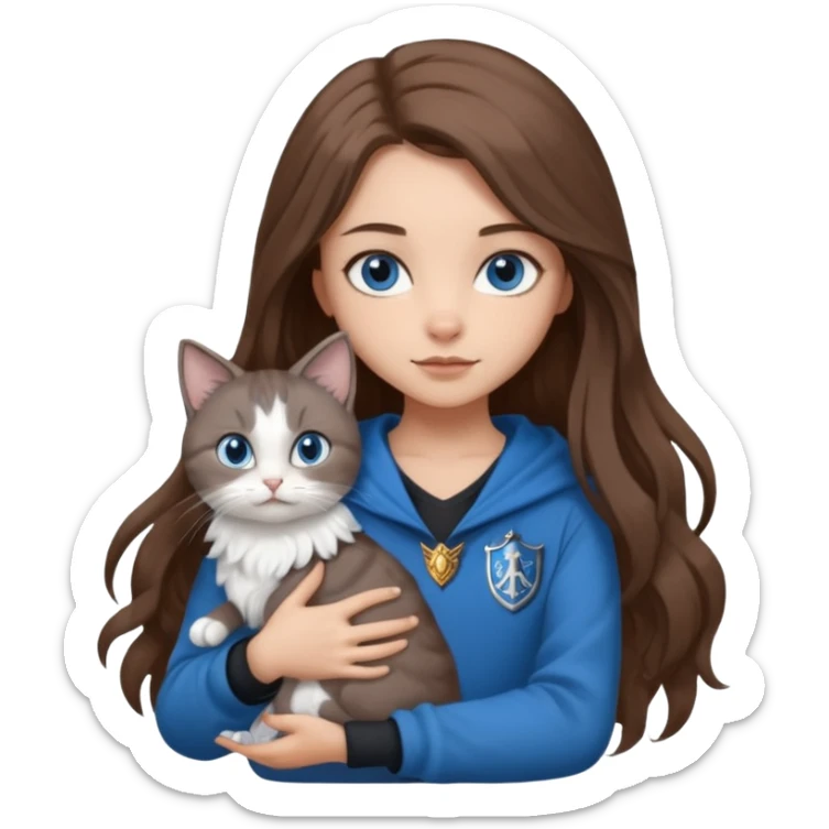 gorgeous Girl with light skin, blue eyes, long brown hair, wears a ravenclaw outfit, with a grey and white cat holding in her arms sticker