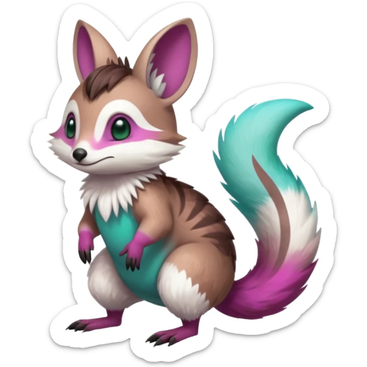 Green-Cyan-Magenta-gradients Minccino-Emolga-Numbat-Sergal-fusion-hybrid-animal-creature, full body sticker