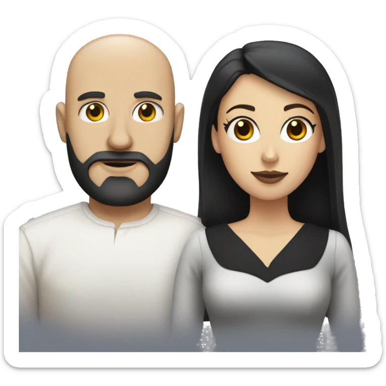 Bald white man with black beard  and white woman with dark hair in dress attire  sticker