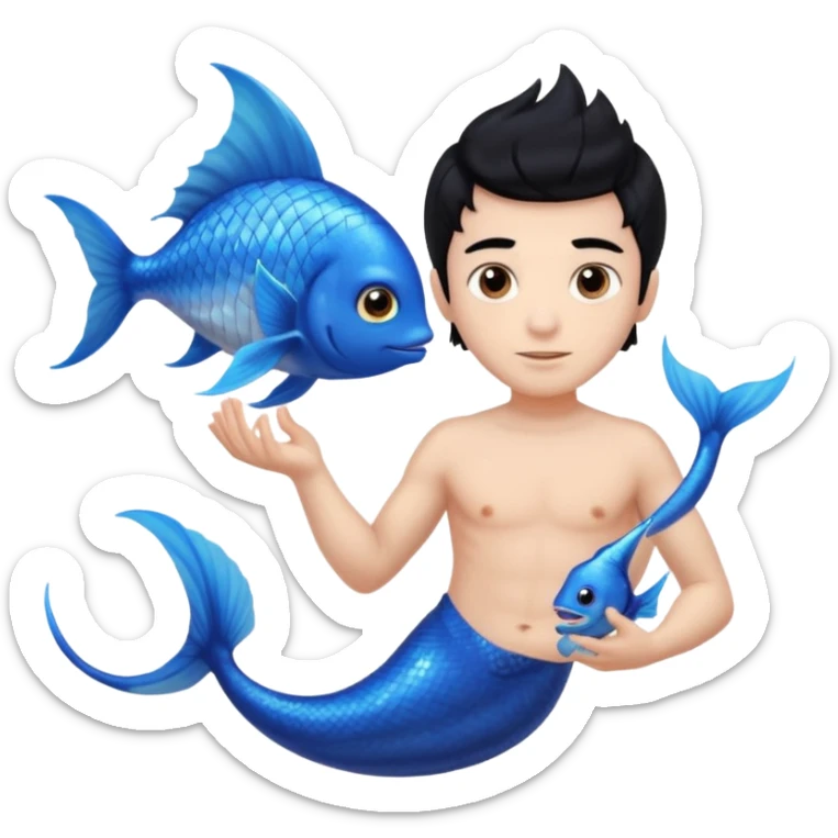 boy, black hair, brown eyes, white skin, Triton, with Triton in hand, blue Triton tail and blue triton fish ears sticker