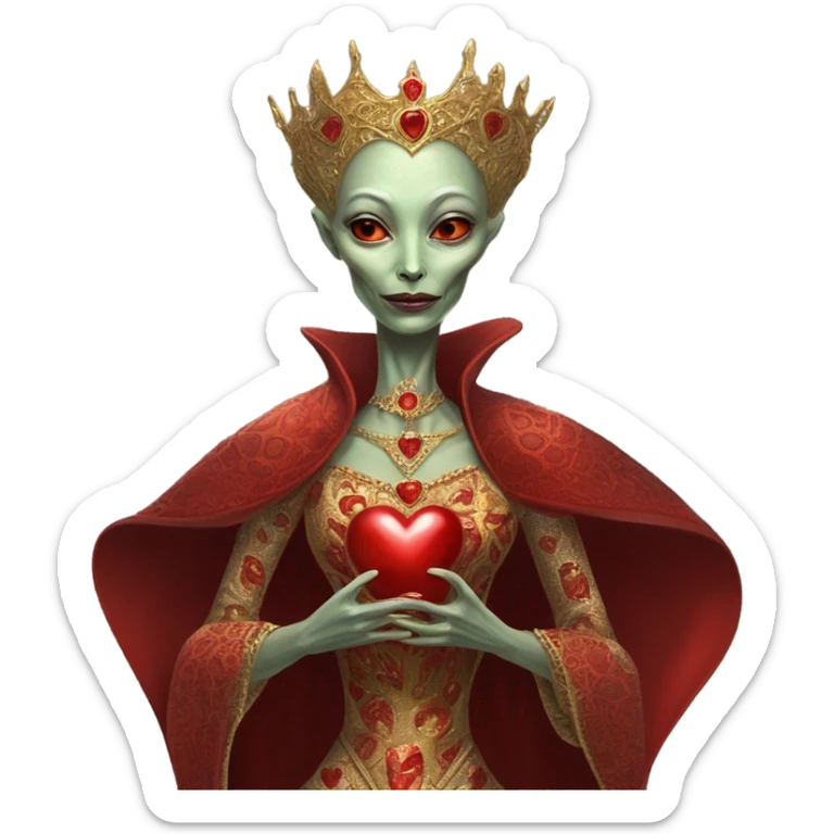 a Reptilian alien woman full body in Romanov dress, holding big red heart sticker