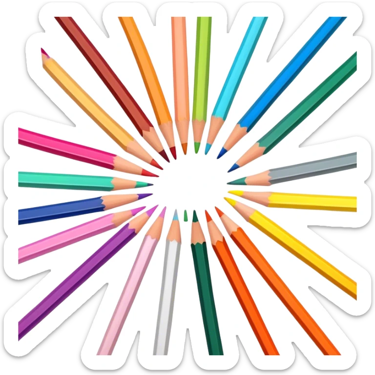 Cinematic Realistic image of a set of finely sharpened colouring pencils arranged neatly on crisp paper, rendered with vibrant hues and detailed pencil textures, illuminated by soft, creative lighting that captures the spirit of artistic expression sticker