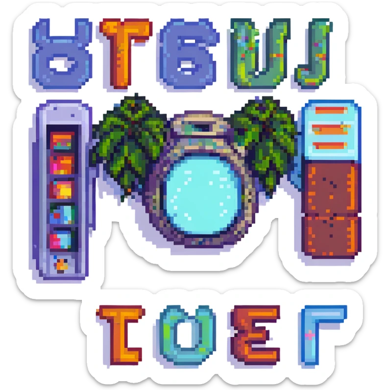 the word 'STUer' in pixel art, each letter as a blocky, retro game font, colorful sticker