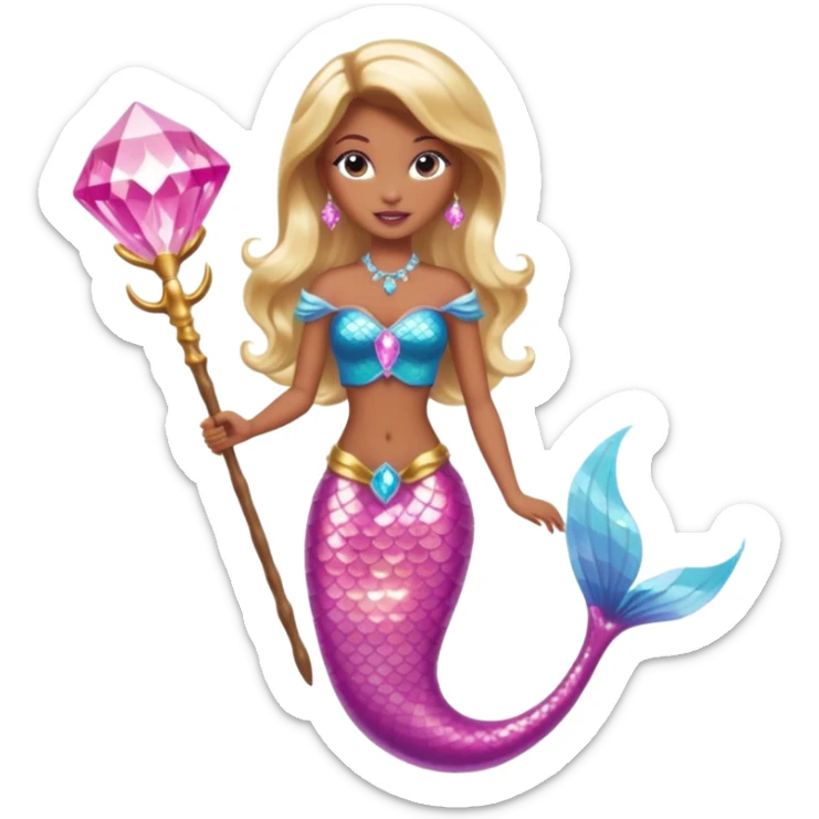 Brown skin blonde hair barbie mermaid with pink diamond tail and wand  sticker