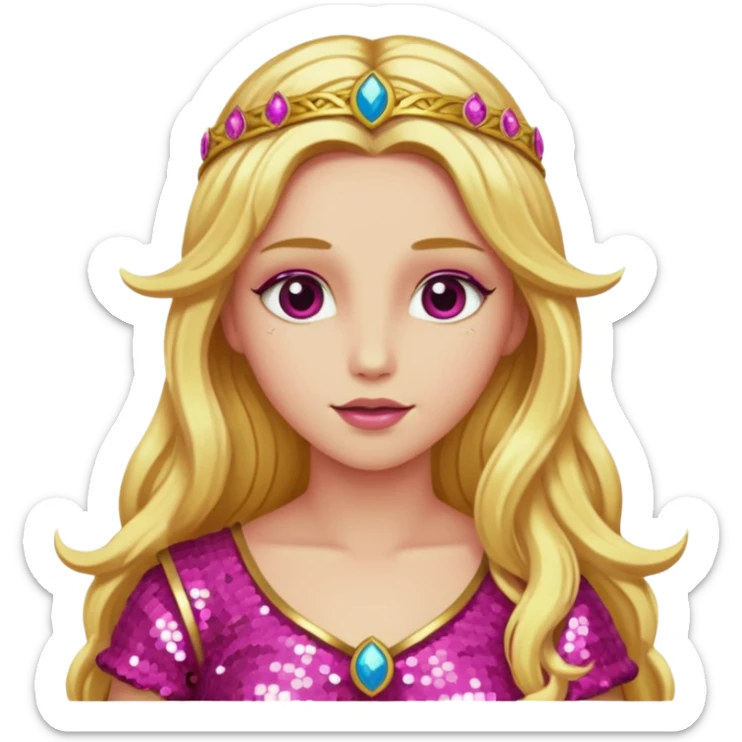 Venus from Ancient Gods with pink skin, long golden blonde hair, dark pink sequin outfit sticker