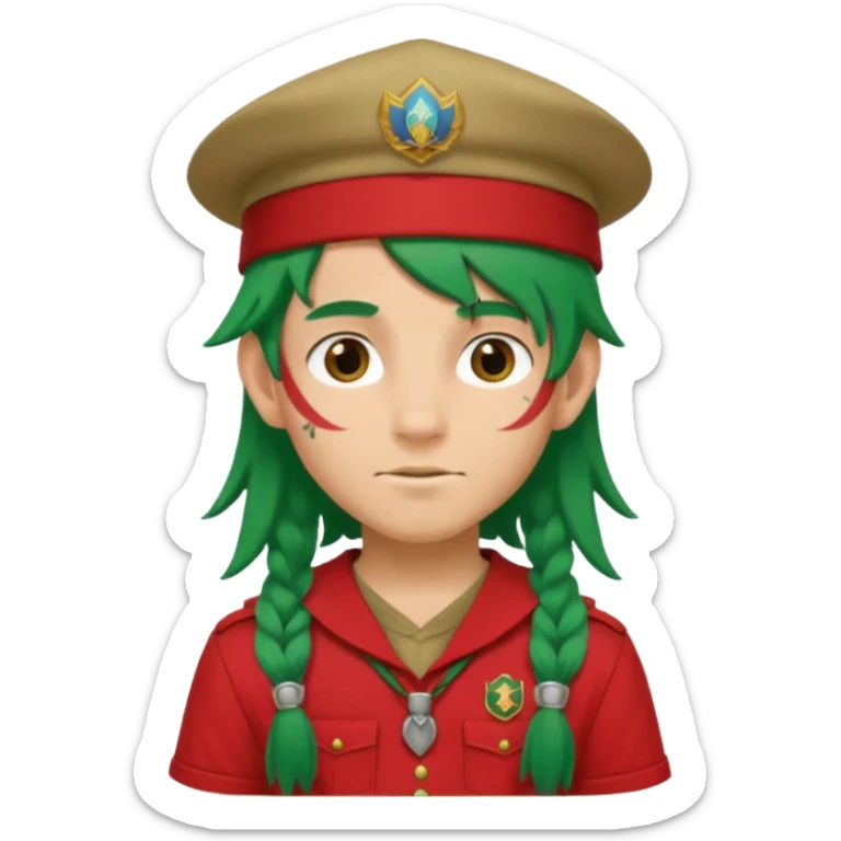 scout boy long hair face tatooes green haired, wearing red uniform with hat sticker