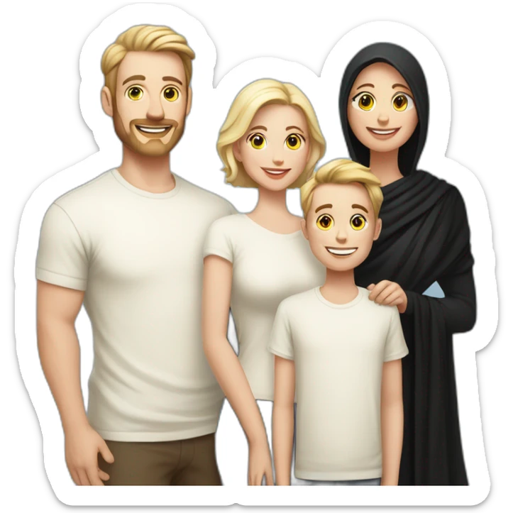Daddy with white skin wear cream tshirt and his wife with white skin wear long blaus with black shawl also his son wear cream tshirt sticker