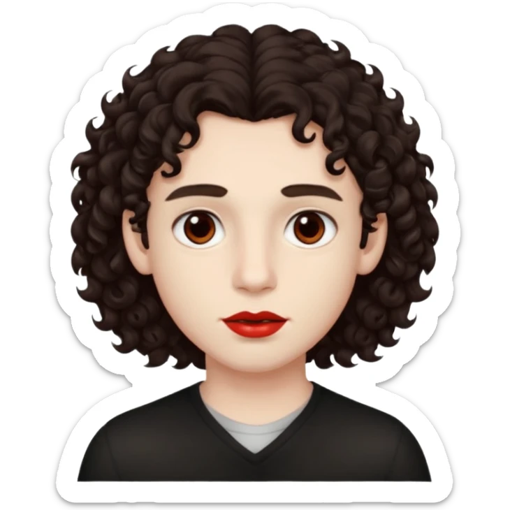 boy, really dark brown hair, curly hair, dark brown eyes, pale skin, red lips, long hair sticker