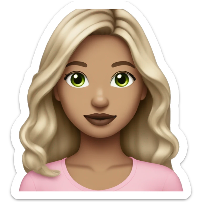 dark blonde balayage girl green eyes long hair pink lips rosy cheeks holding a gray tabby  sticker