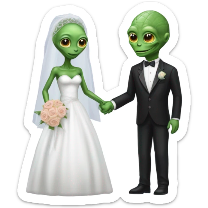 Alien reprilian woman in wedding dress, and one humman man in a tuxedo holding hands getting married sticker