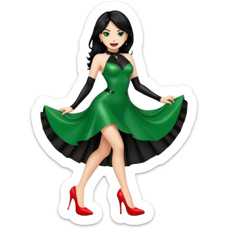 🕵🏻‍♀️💦🧥 black hair , green eyes , red high heels , dominatrix dress , 😂 sticker