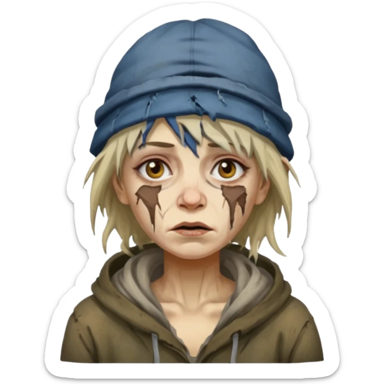 very dirty looking homeless woman with ripped hat and smudged face with ugly hair sticker