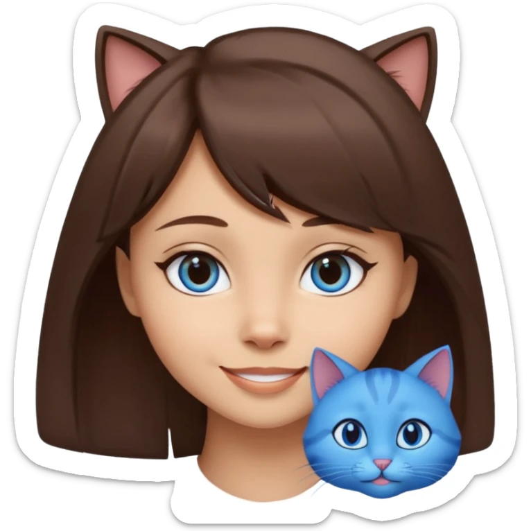 girl with sidebang, light skin, mocha brown hair, blue cat eyes, smiling sticker