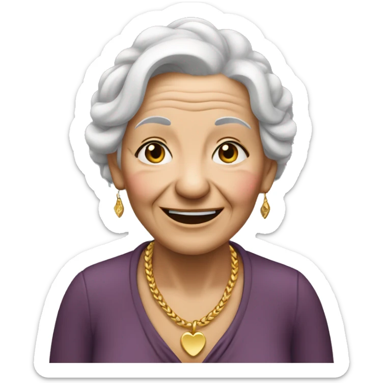 An elderly woman smiled until her eyes were closed, her hair was white in braids and her skin was white with wrinkles. She wore gold jewelry, including a necklace with a heart pendant.  sticker