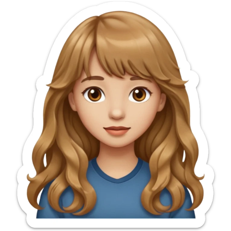 Please generate a portrait of a pretty girl with long, wavy, light brown hair and bangs. sticker