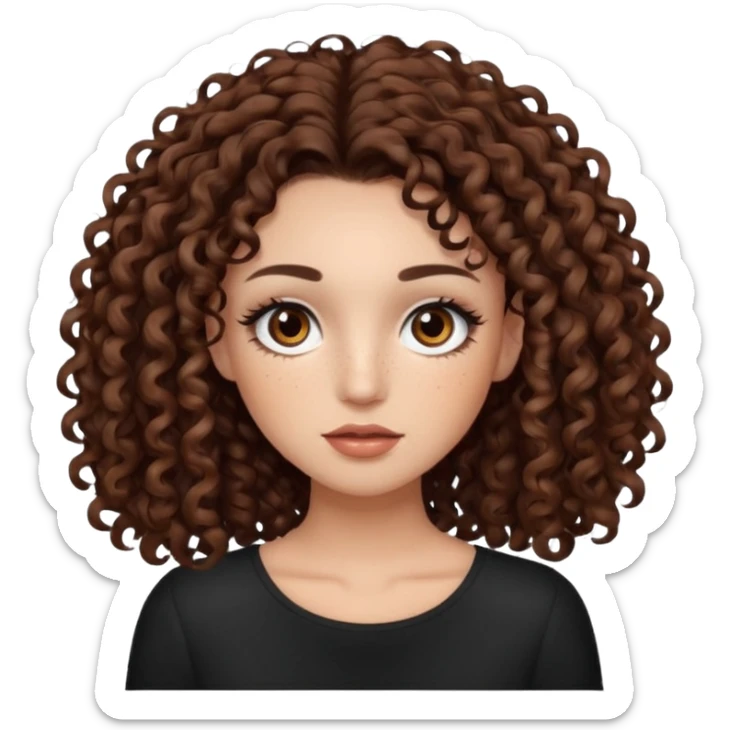 dark brown curly hair with dark brown eyes and too long lashes and some make up with freckle and light brown skin sticker