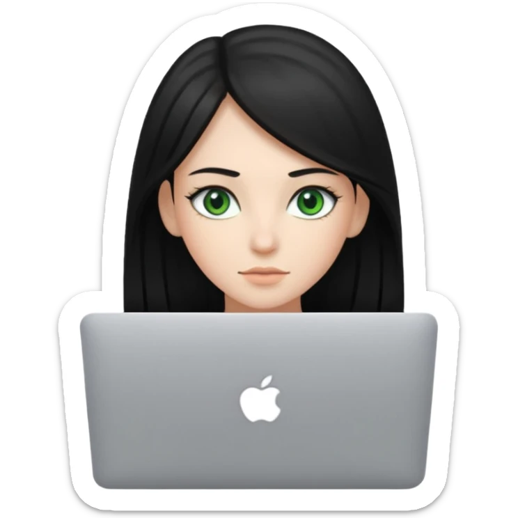 Girl whit a mackbook, black and straight Hair. Green eyes sticker