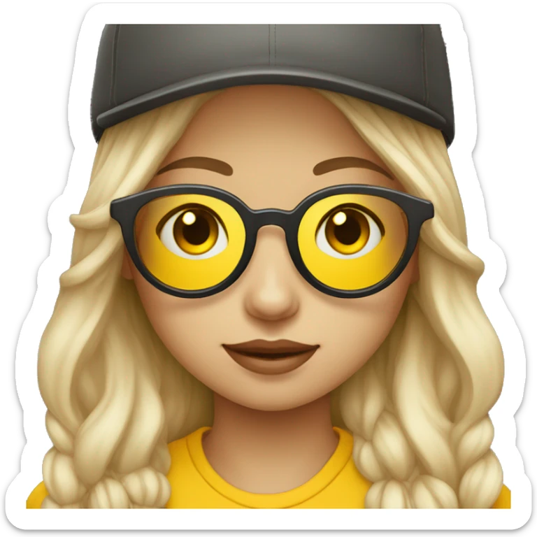 emoji of a girl wearing a cap with glasses that are fitted with yellow lenses. Emphasise the yellow lenses. Change the skin of the person to a biege colour sticker