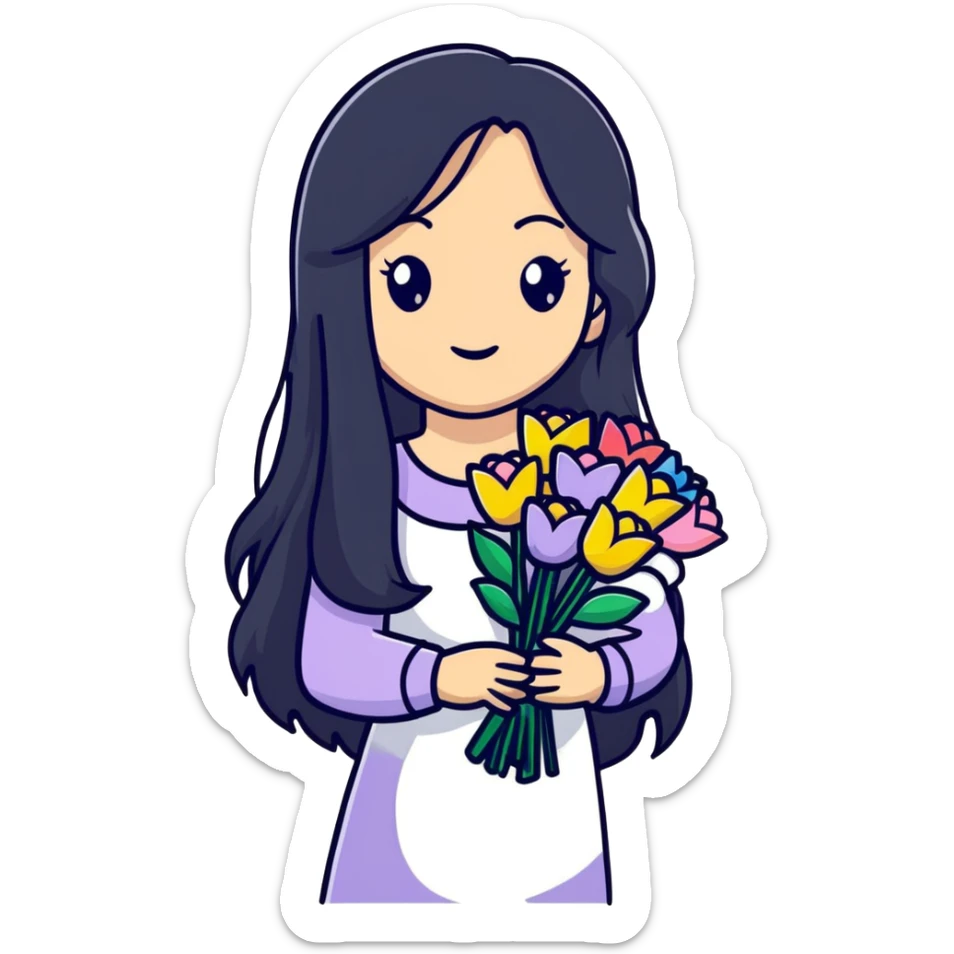 Beautiful girl with long black hair holding a bouquet of flowers sticker