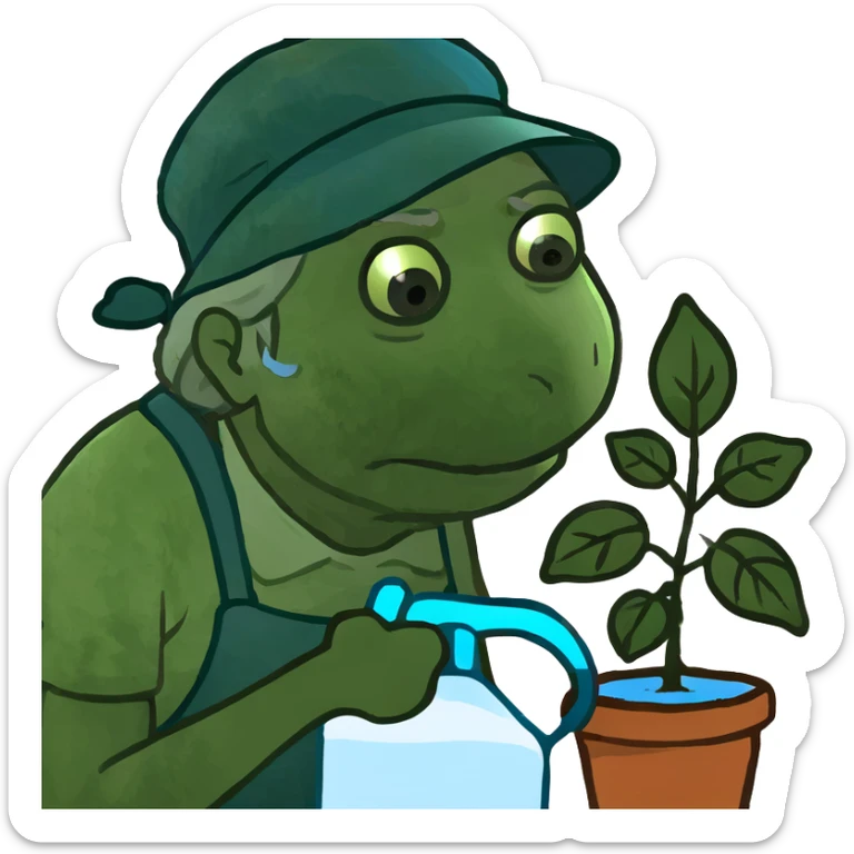 Old woman, wearing water pack, struggling to water house plants sticker