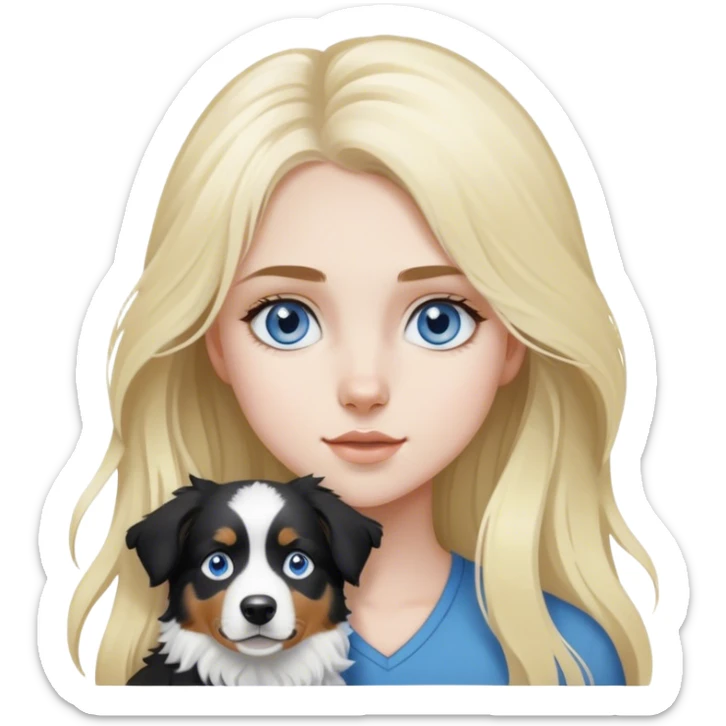 pale girl with blue eyes and long blonde hair and black white Australian shepherd. sticker