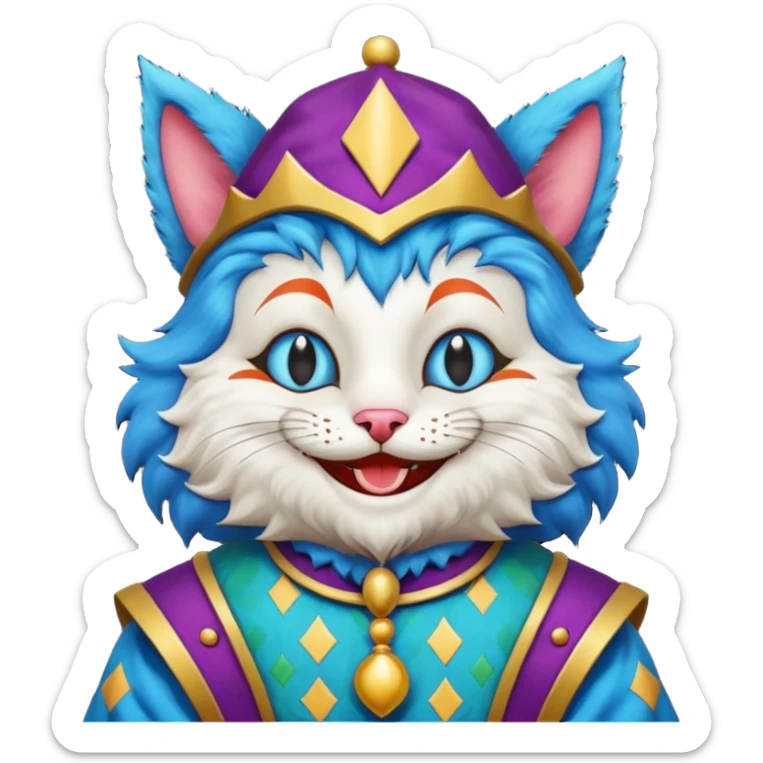crazy colorful cute little cat jolly joker from poker, medieval, vintage, court jester, mac os squared icon, blue color sticker
