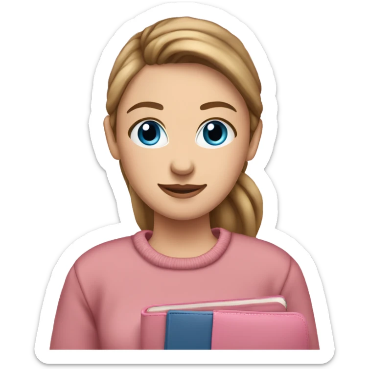 caucasian white IT girl student, holding pink laptop, blue eyes, brown hair ponytail wearing a thick sweater sticker