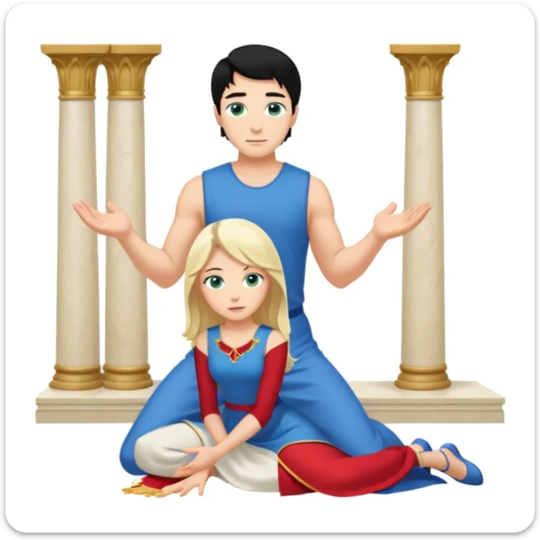 Man as king, black Hair, blue eyes, woman, blonde, green eyes, shott white sleveless Dress, kneeling, background palace sticker