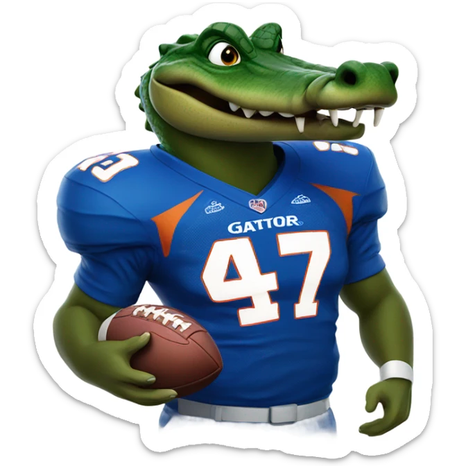 A gator with a big snout coming through the helmet in a epic gators tv football jersey playing football sticker