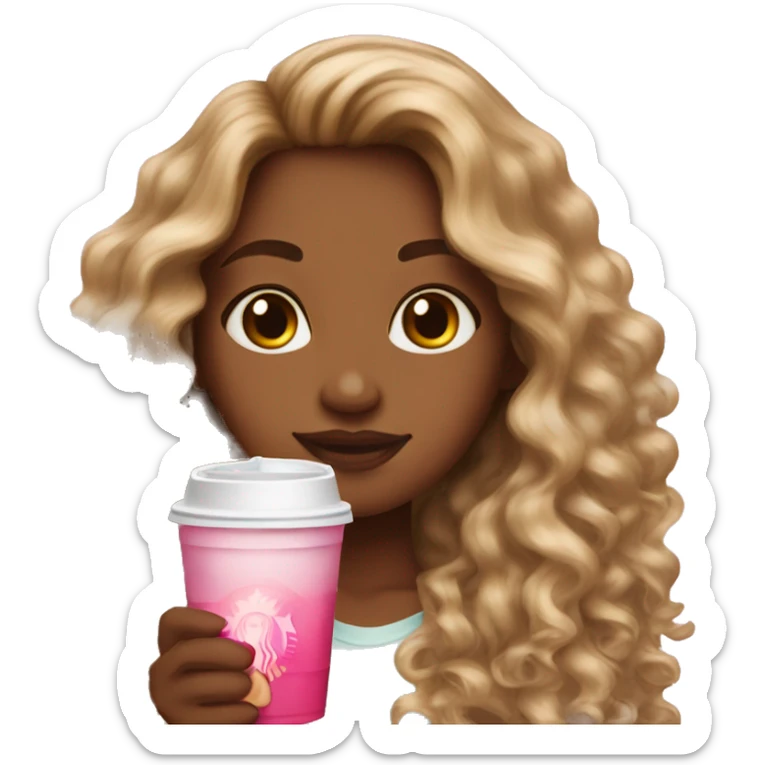 girl with brown and blonde ombré long curly hair holding Pink starbucks refresher sticker