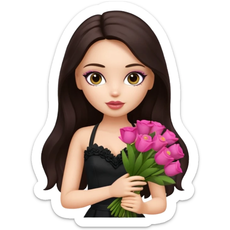 pretty bratz doll with makeup with dark halterneck top, long dark brown hair holding big bouquet of flowers sticker