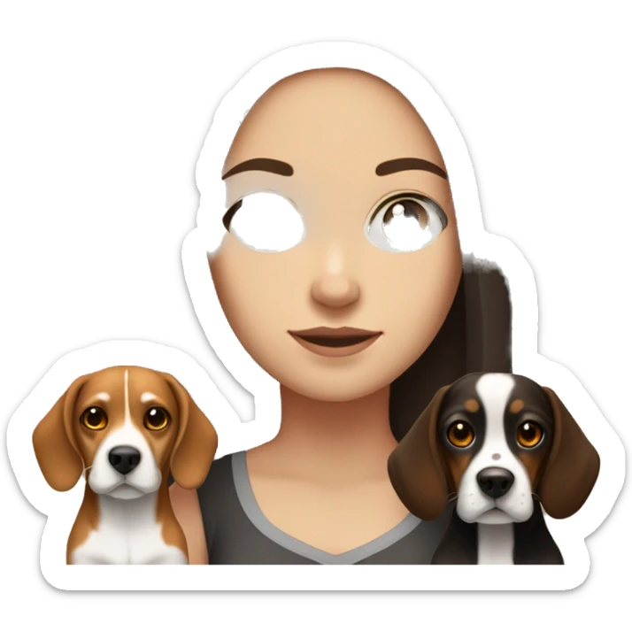 white girl with dark brown long hair, dark eyes, and a small beagle Dog with neakle red sticker