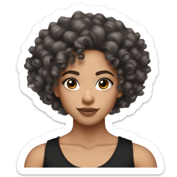 Pretty lightskin girl , with long pencil curls, and black tank top, with thick lashes , grey eyes, blush sticker