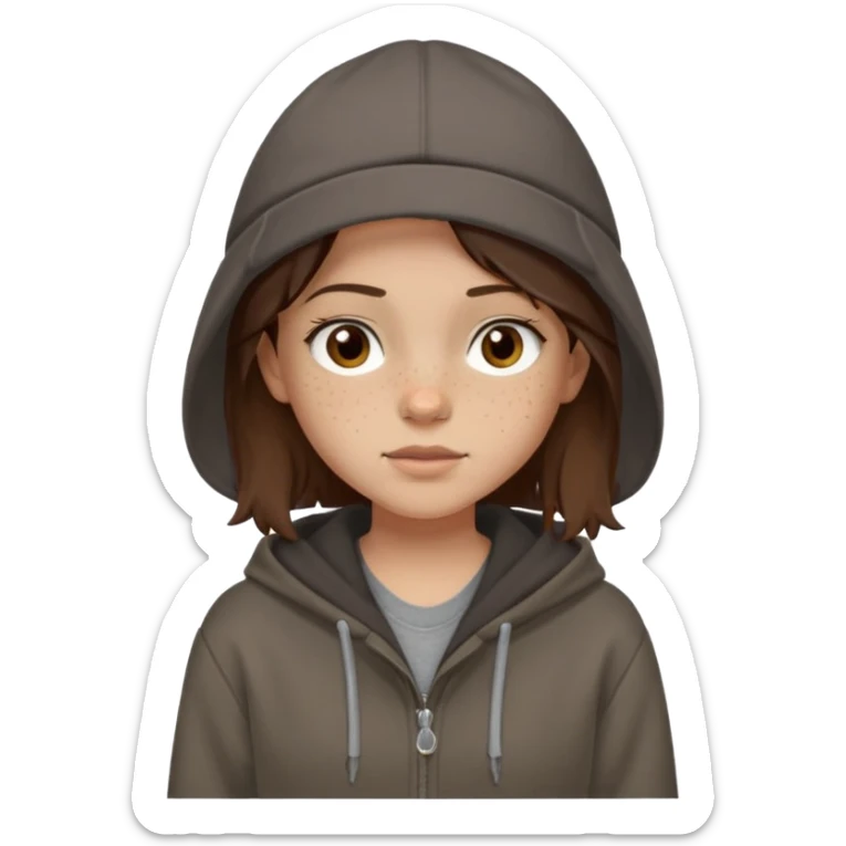 Hobo tomboy with light skin, freckles, shoulder-length center-parted dark brown hair. brown eyes, dark dull brown hoodie, grey shirt. Bolero hat sticker