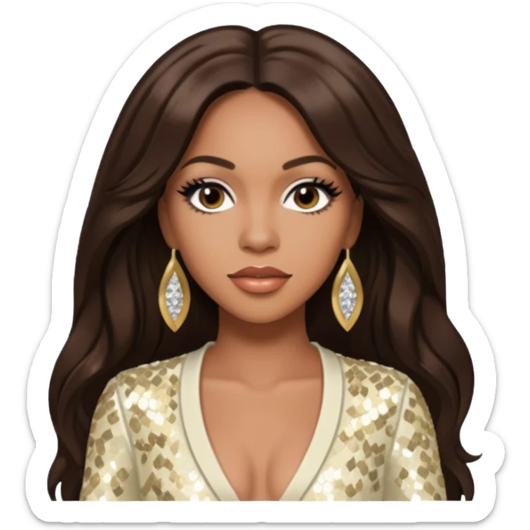 Farrah Franklin from Destiny's Child with long dark brown hair, ivory sequin outfit sticker