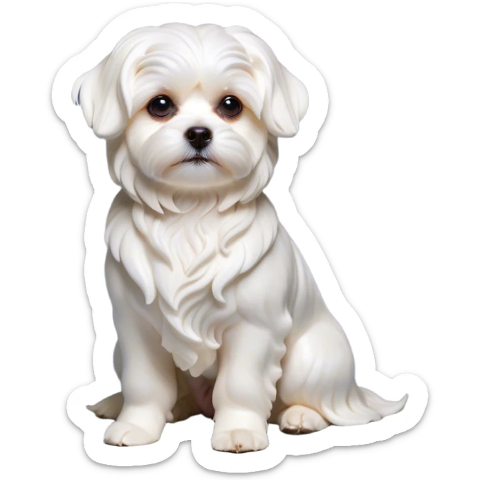 Cinematic Noble Wavy-Haired Maltese Dog Portrait Emoji, Poised and regal, with a delicate, compact build and a pristine, wavy-haired white coat that cascades in gentle curls, deep-set soulful dark eyes, Simplified yet sharp and sophisticated features, highly detailed, glowing with a soft, dignified glow, high shine, intelligent and gentle, stylized with an air of refinement, focused and attentive, soft glowing outline, capturing the essence of a watchful and graceful companion, so majestic it feels as though it could prance out of the screen with effortless authority! sticker